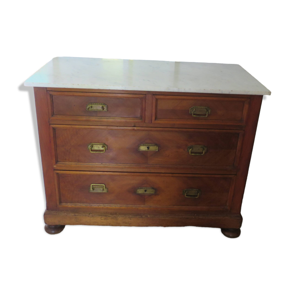 Commode 4 tiroirs style Louis Philippe en noyer massif et marbre, 1900-1950