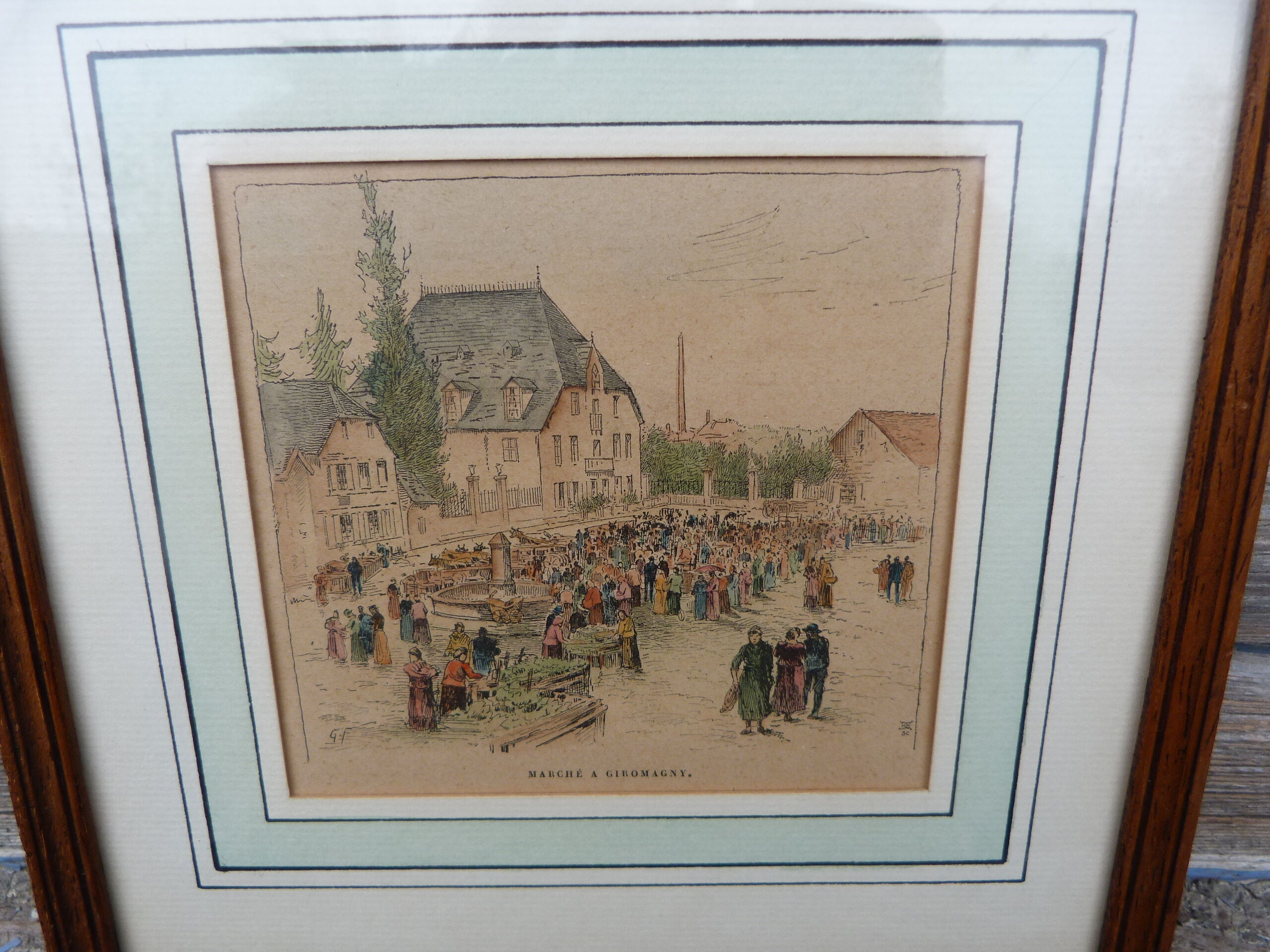 Enhanced watercolor engraving Giromagny market signed G.F