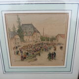 Enhanced watercolor engraving Giromagny market signed G.F
