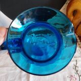 Blue carafe in bubbled blown glass similar to Biot glassware