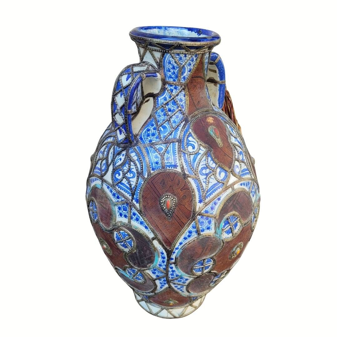 Filigree vase, ceramic, leather, enamel and metal, 19th century - Safi, Morocco