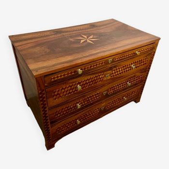 Old pine chest of drawers late 18th early 19th geometric cube marquetry