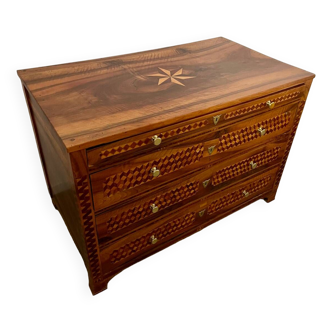 Old pine chest of drawers late 18th early 19th geometric cube marquetry