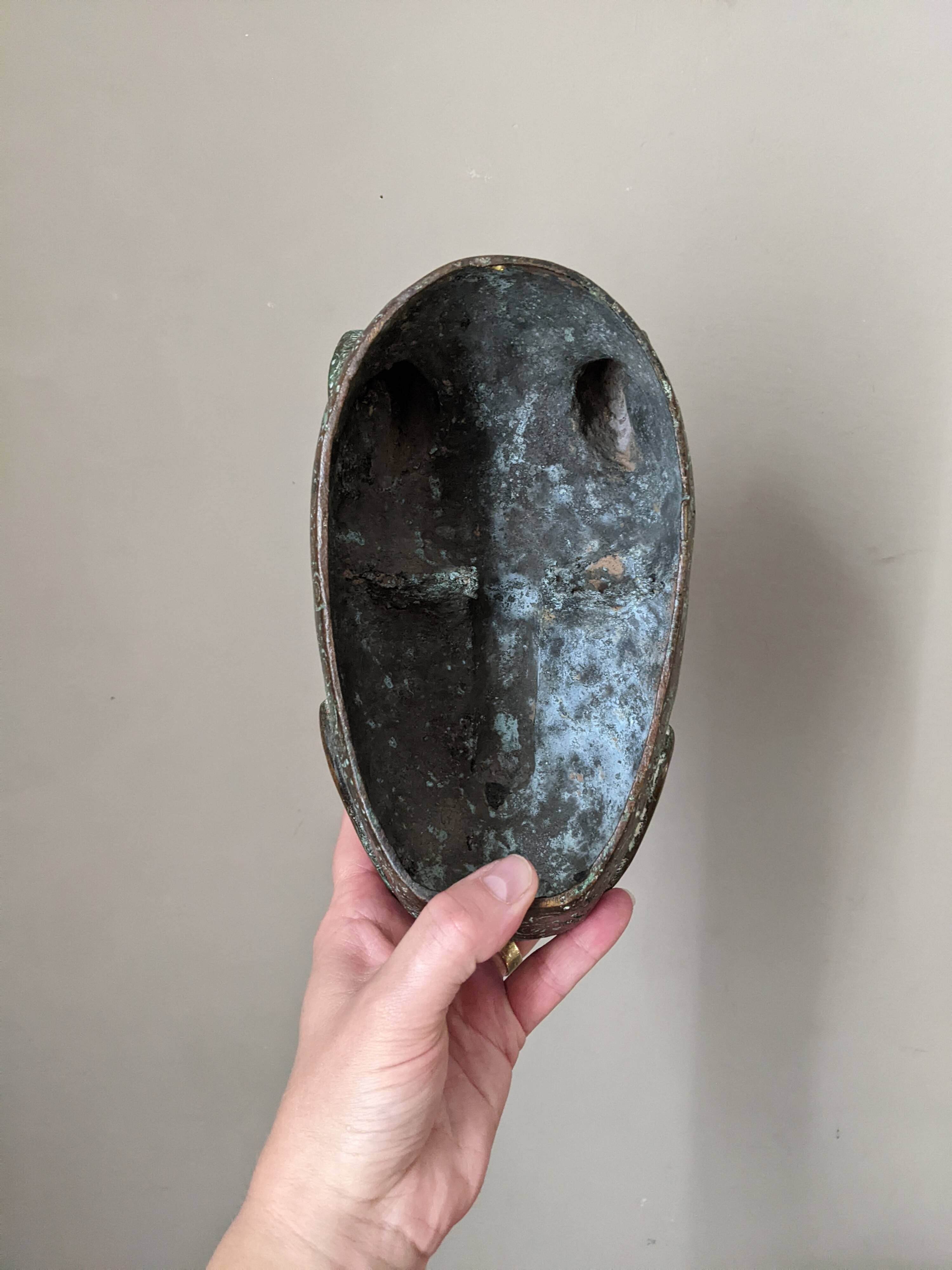 Bronze artisanal African art leopard tribal mask sculpture