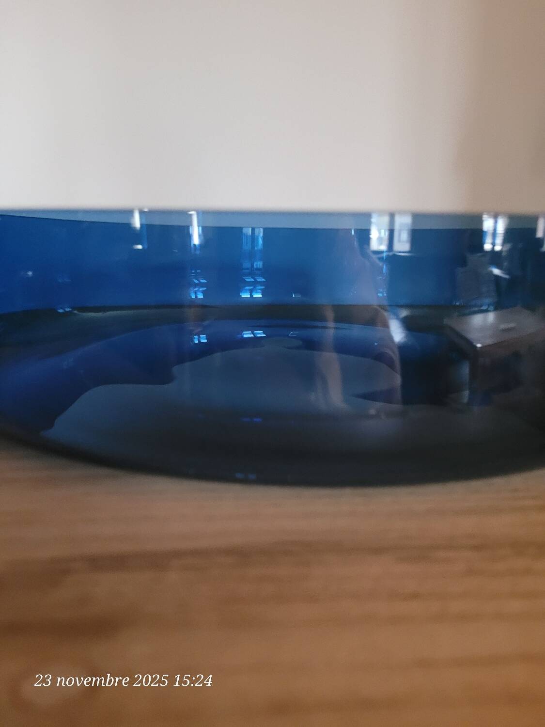Round blue glass serving dish