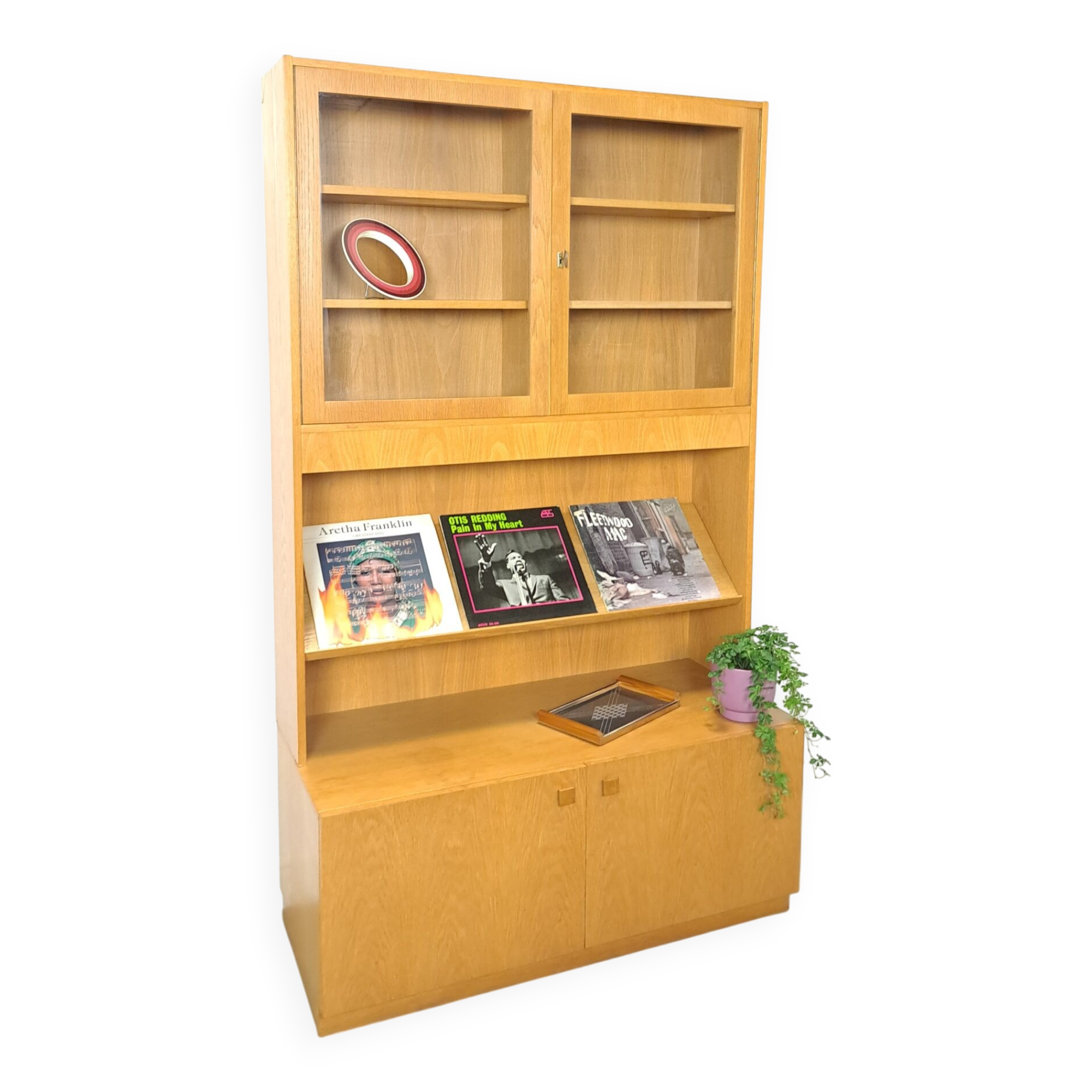 Tall LP display cabinet with glass doors and magazine shelf from Sweden