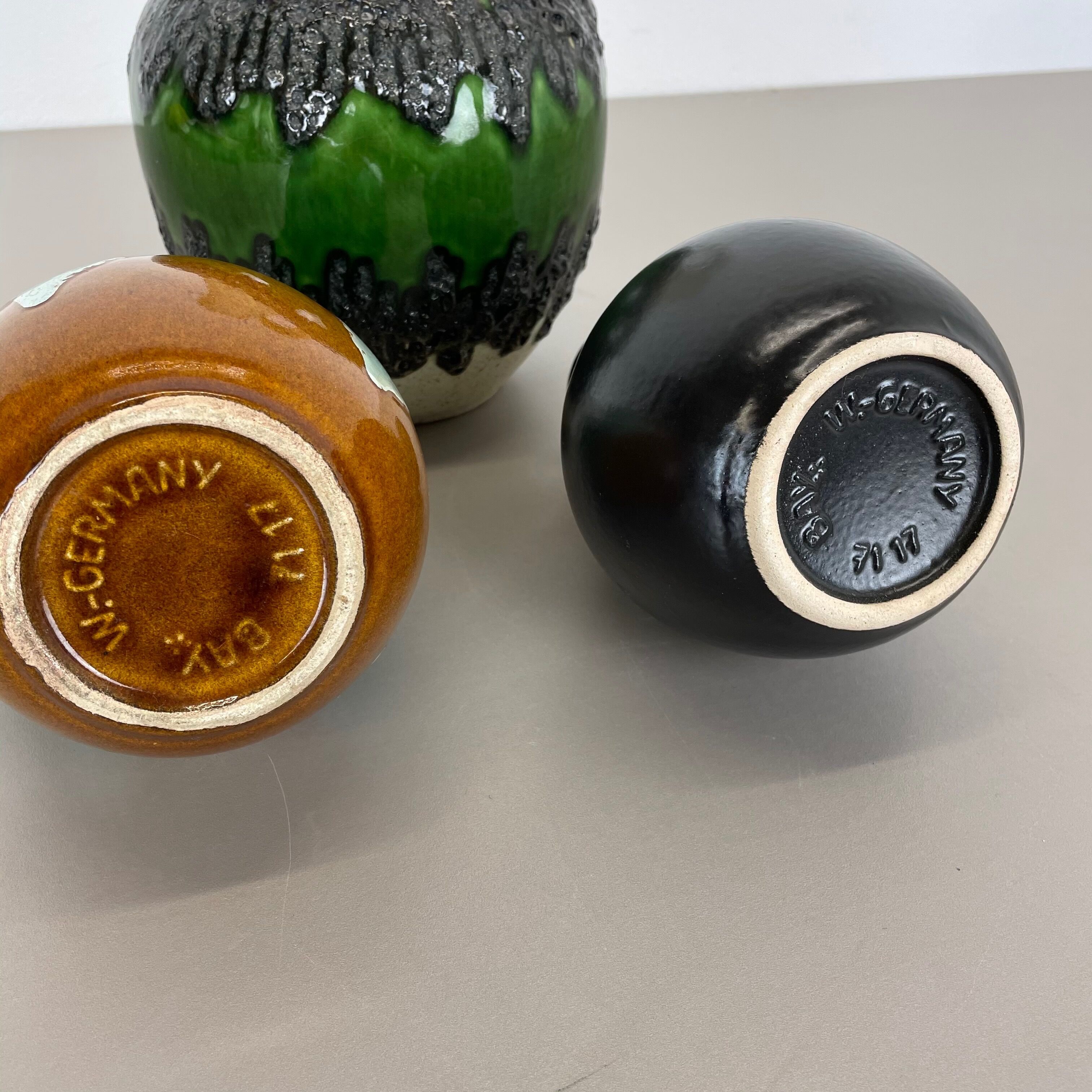 Set of 3 multi-color Fat Lava Op Art pottery vase made Bay Ceramics, Germany