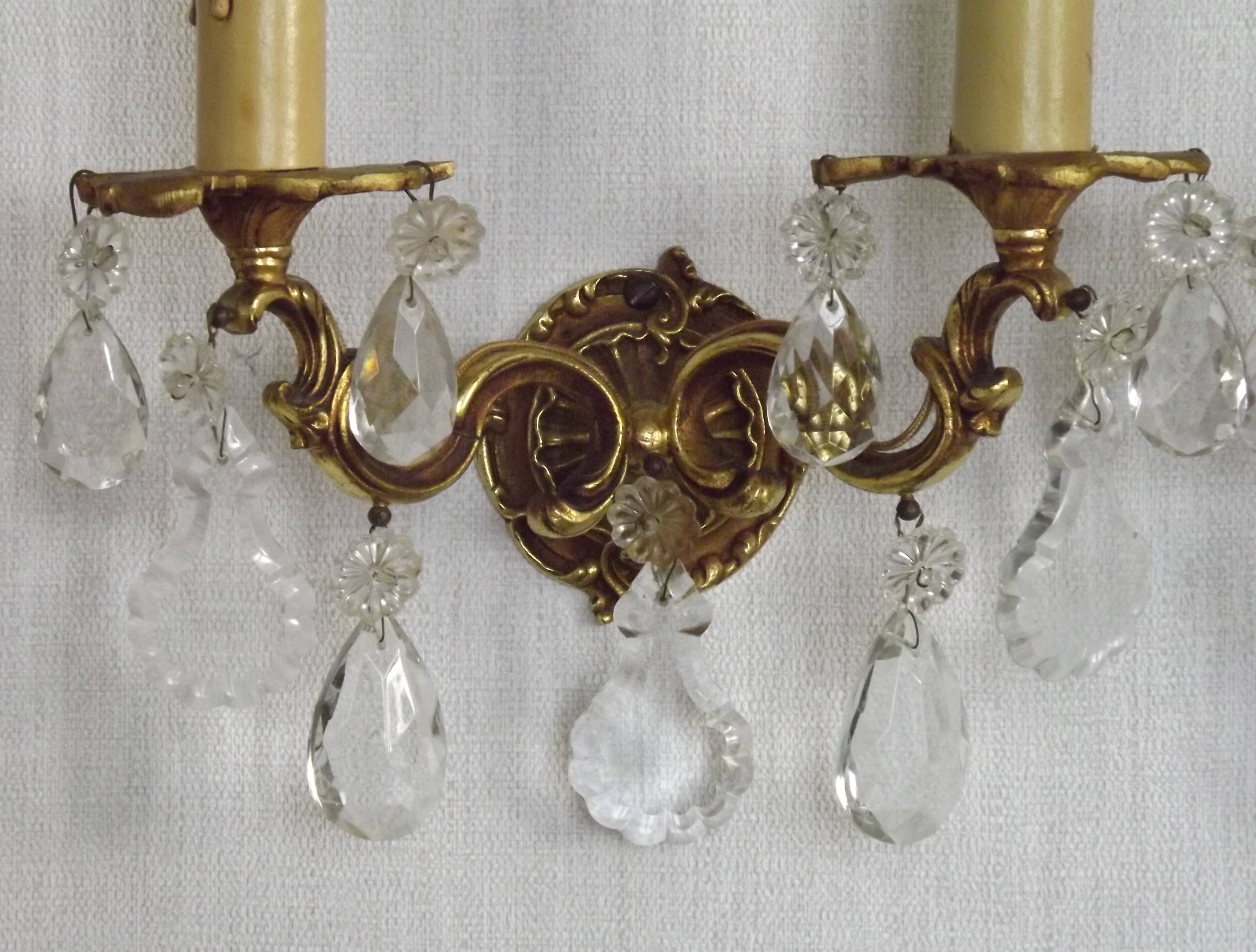Pair of French Vintage Double Bronze Crystal Wall Lights with Acanthus Detail