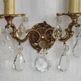 Pair of French Vintage Double Bronze Crystal Wall Lights with Acanthus Detail