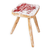 Tabouret en bois dur vintage rustique – Peinture superposée originale / Ferme primitive