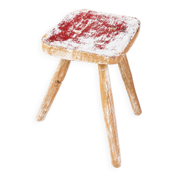 Vintage Rustic Hardwood Stool – Original Layered Paint / Primitive Farmhous