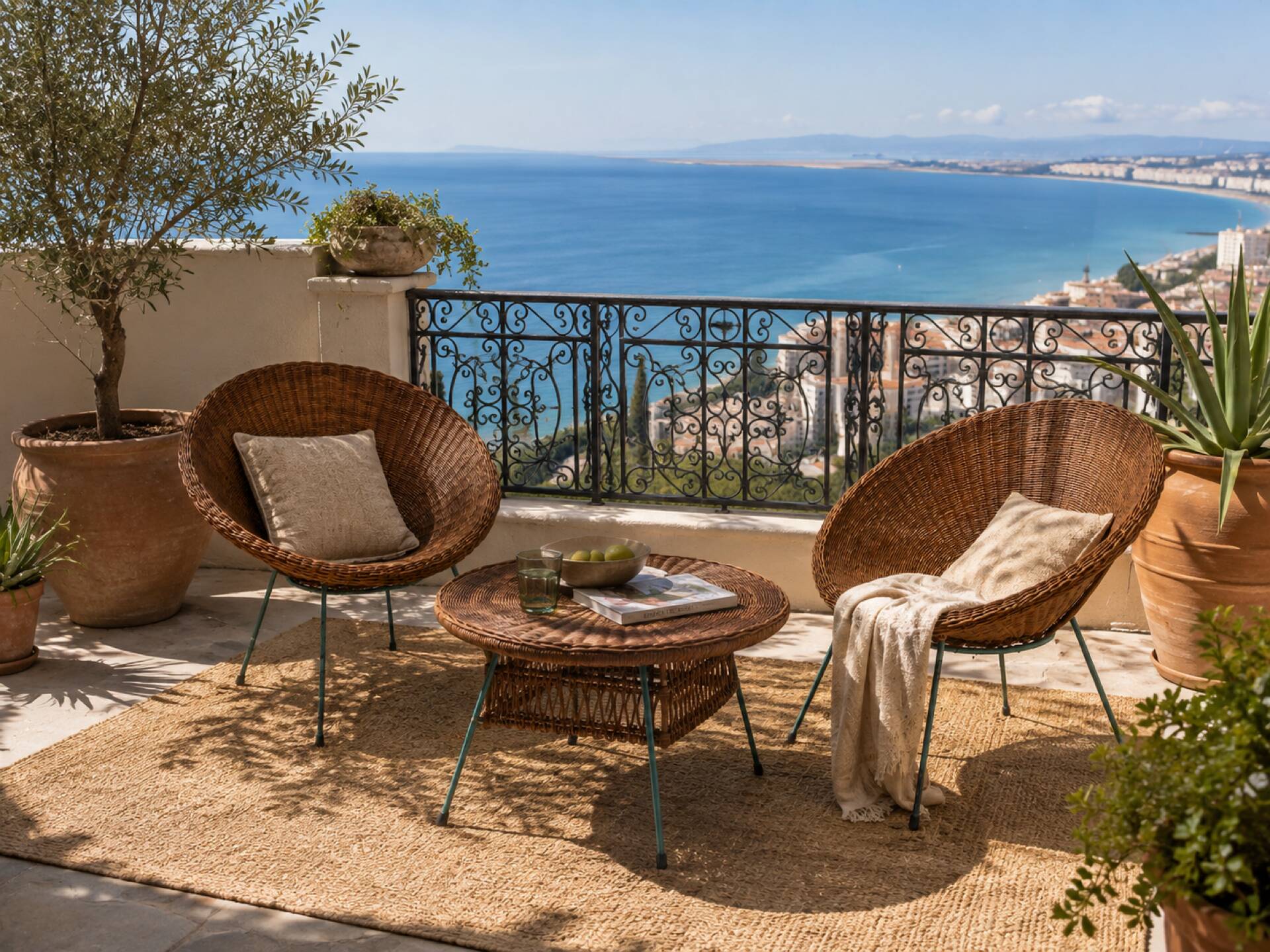 Ensemble vintage en rotin – 2 fauteuils & table basse – Années 60