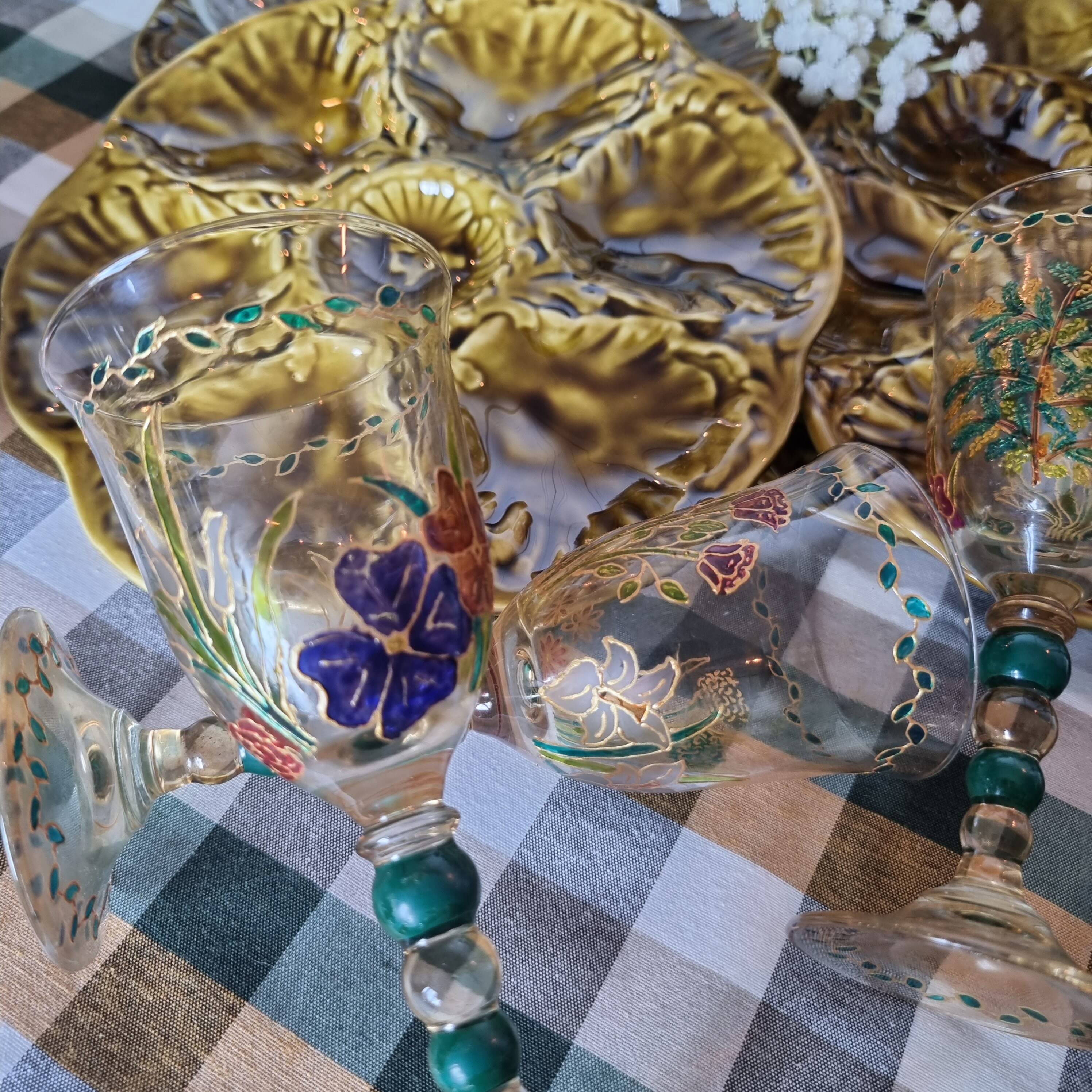 Set of 4 antique hand painted glass water or wine glasses with details inspired by the style
