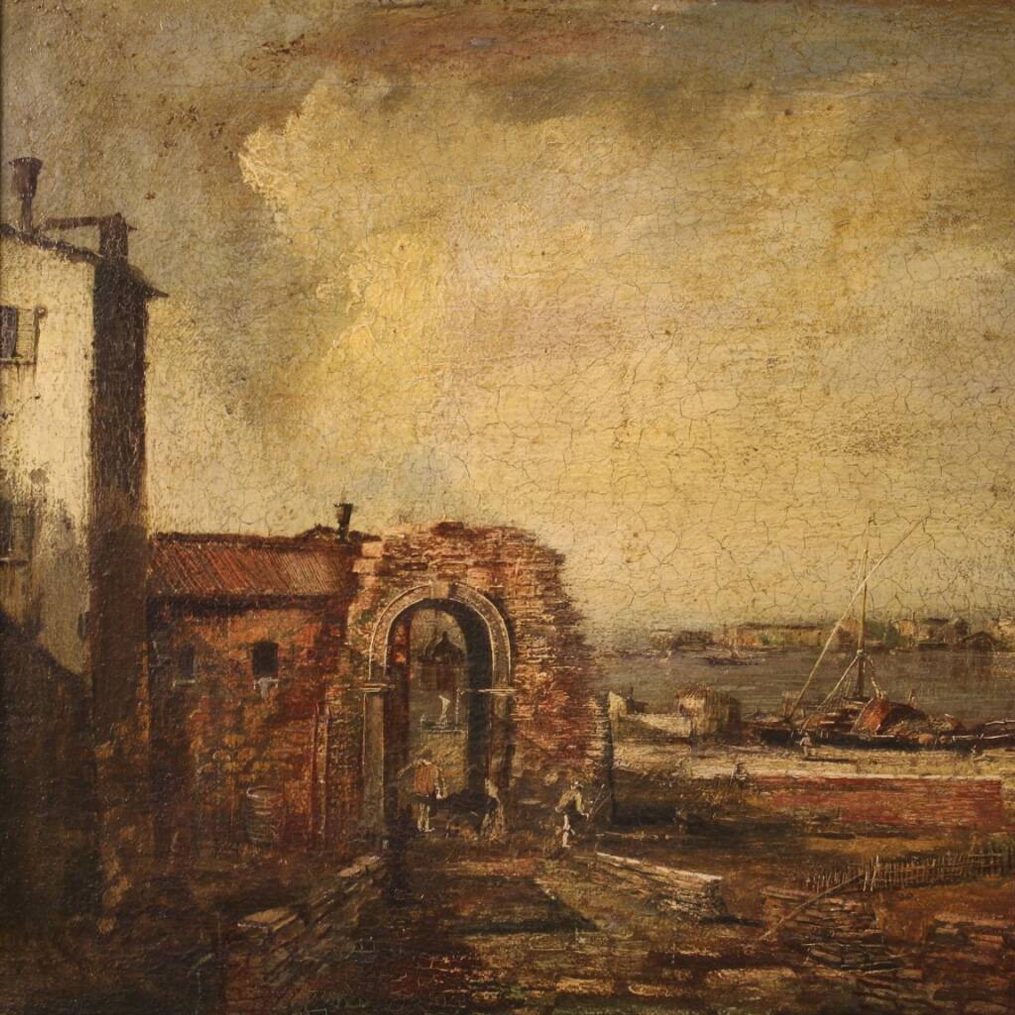 Peinture à l'huile sur toile d'un paysage marin italien