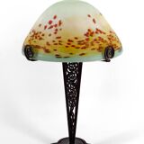 Lampe Champignon en Fer Forgé et Abat-jour en Pâte de Verre Soufflée, 1920