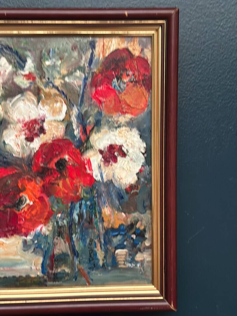Swedish Oil on Canvas“Red Poppies and White Blossoms” by L. Stokes, Vintage