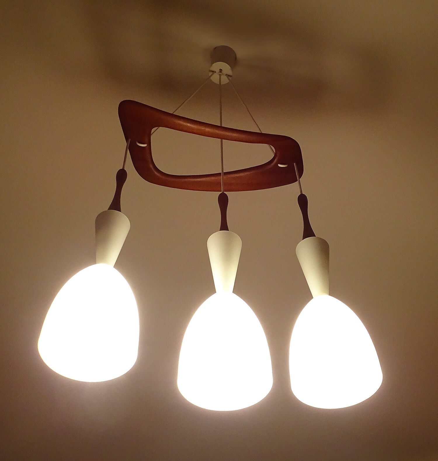 Scandinavian pendant lamp vintage, teak and opaline glasses, 50s