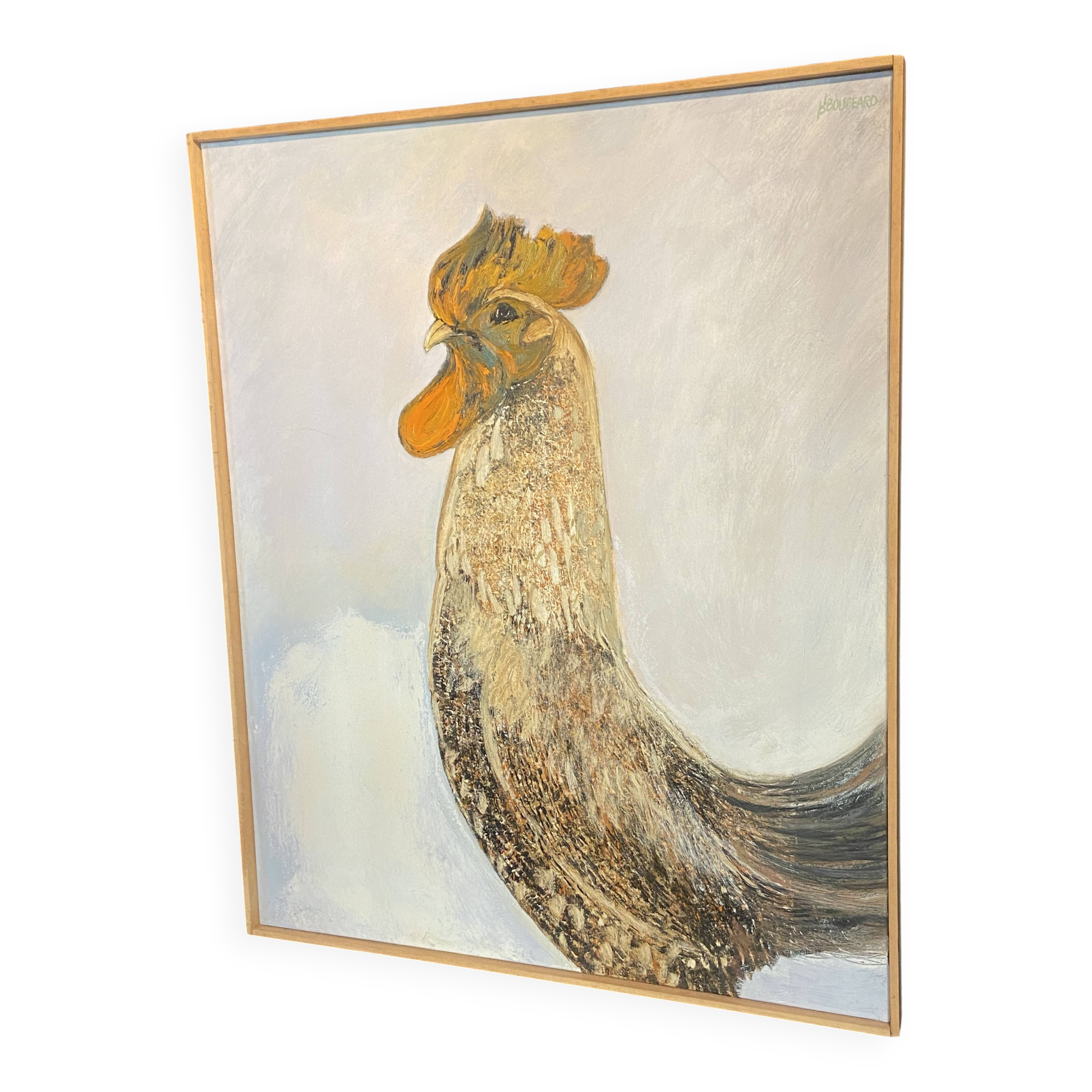 Large oil painting on canvas of a rooster signed Yves BOUGEARD.