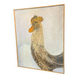Large oil painting on canvas with a rooster signed Yves BOUGEARD