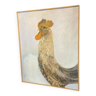 Large oil painting on canvas with a rooster signed Yves BOUGEARD