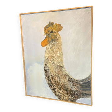 Large oil painting on canvas of a rooster signed Yves BOUGEARD.
