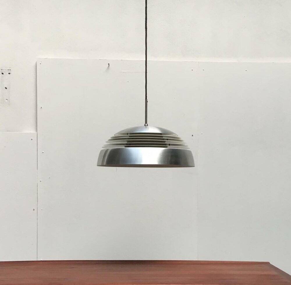 German pendant lamp in aluminium and glass from the Mid-Century space by Doria, 1960s.
