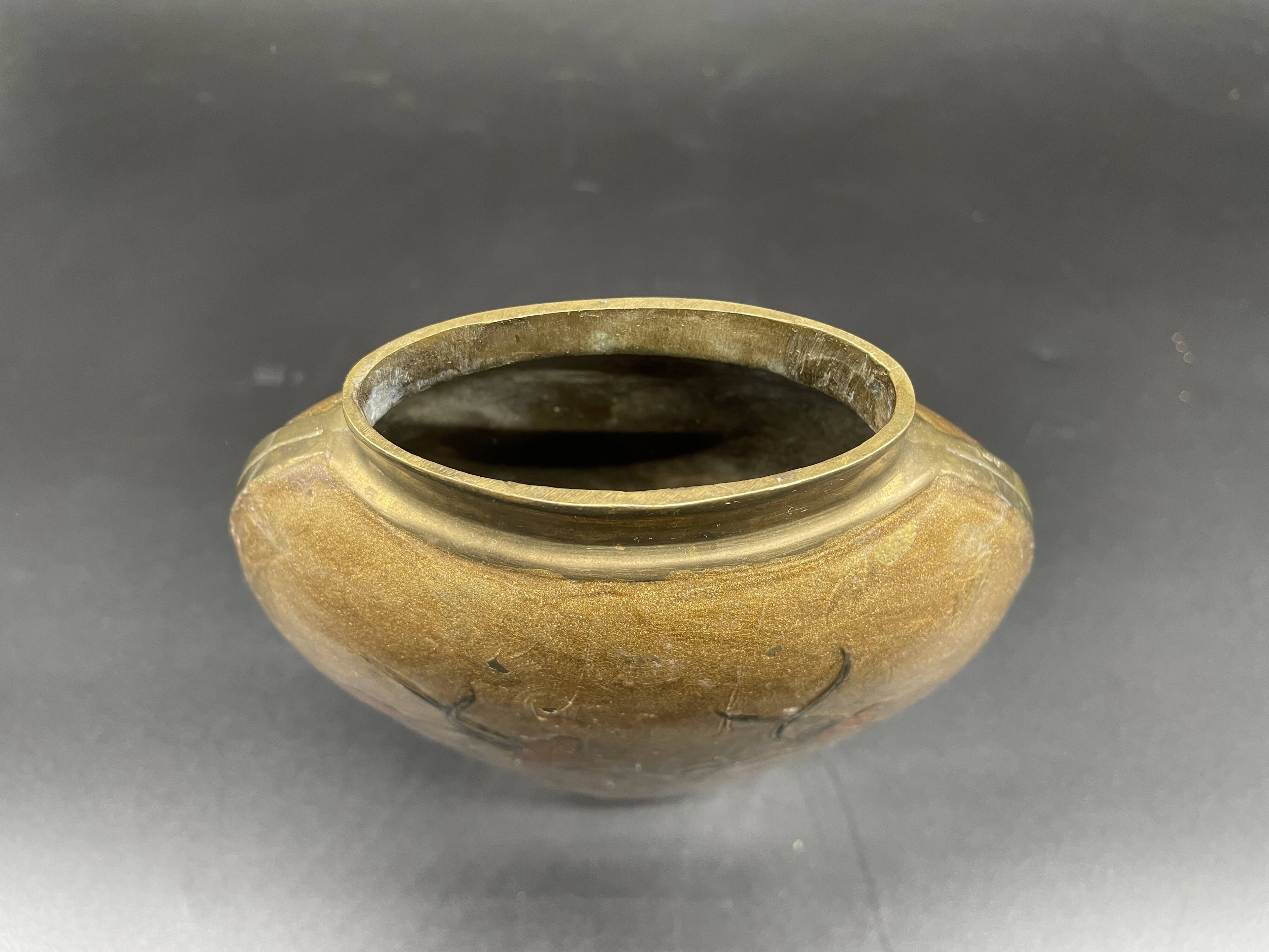 Vase, oblong shape, solid brass, bronze color, cloisonné enamel, floral decoration, flower, orange