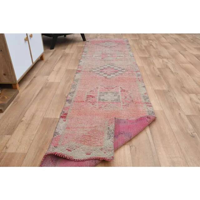 Pink Turkish Vintage Handmade Woven Wool Oushak Runner Rug 78x330