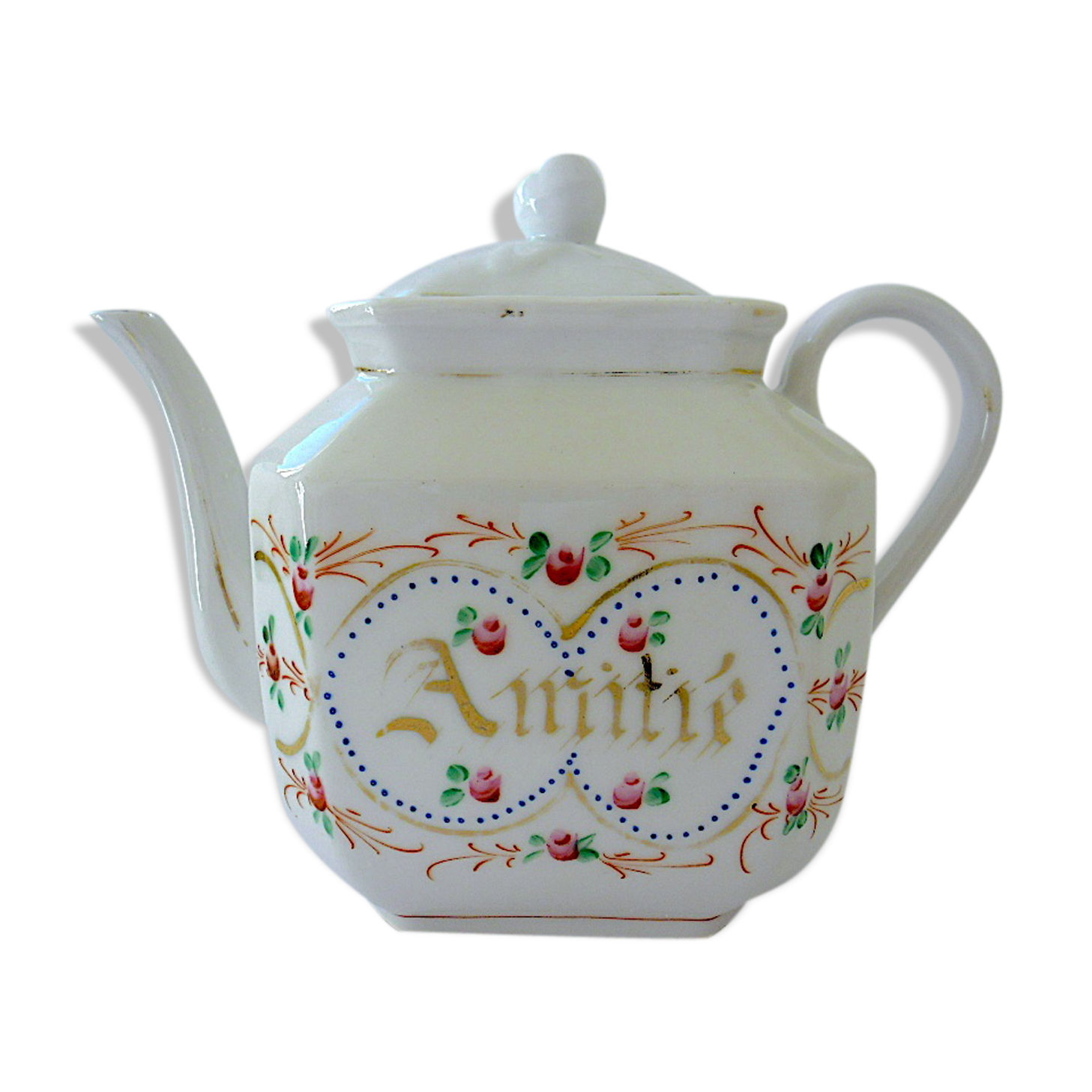 Rectangular teapot in Paris porcelain captioned "Friendship"