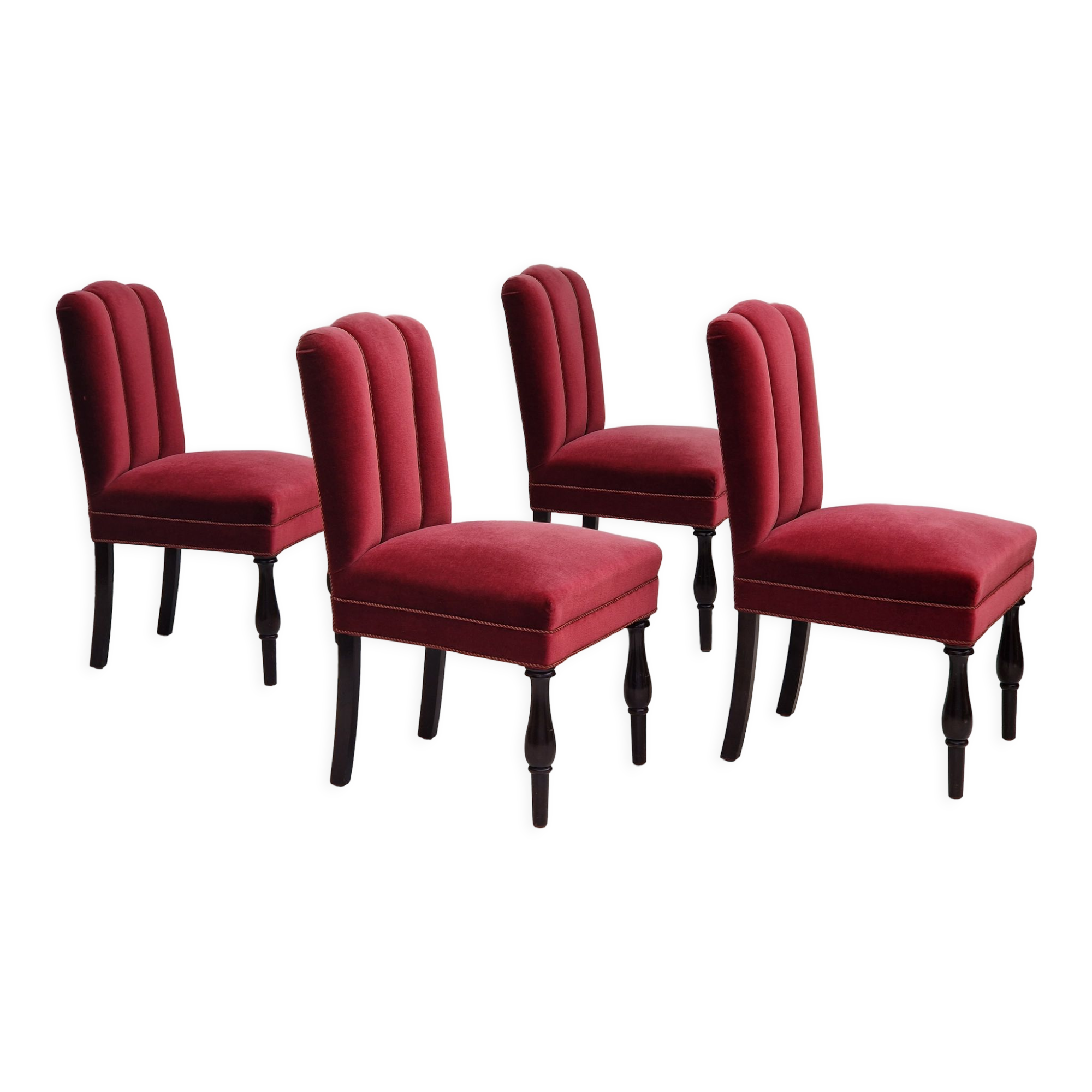 Set of 4 dinning chairs, oak wood, cherry-red velour, 1950s, danish design