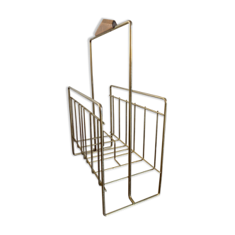 Vintage Magazine Rack in Brass and Wood, 1960s