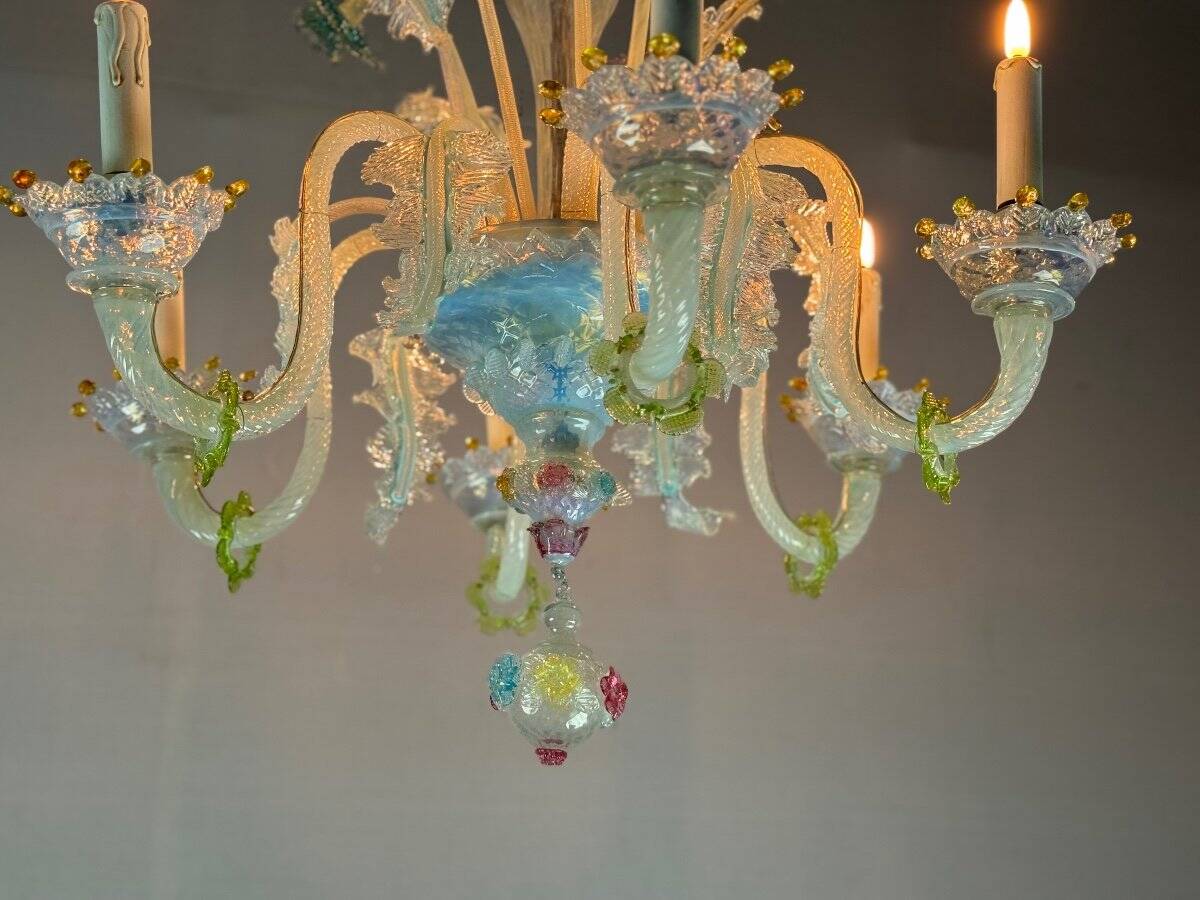 Multi-Colored Murano Glass Venetian Chandelier, Six Light Arms, Circa 1900