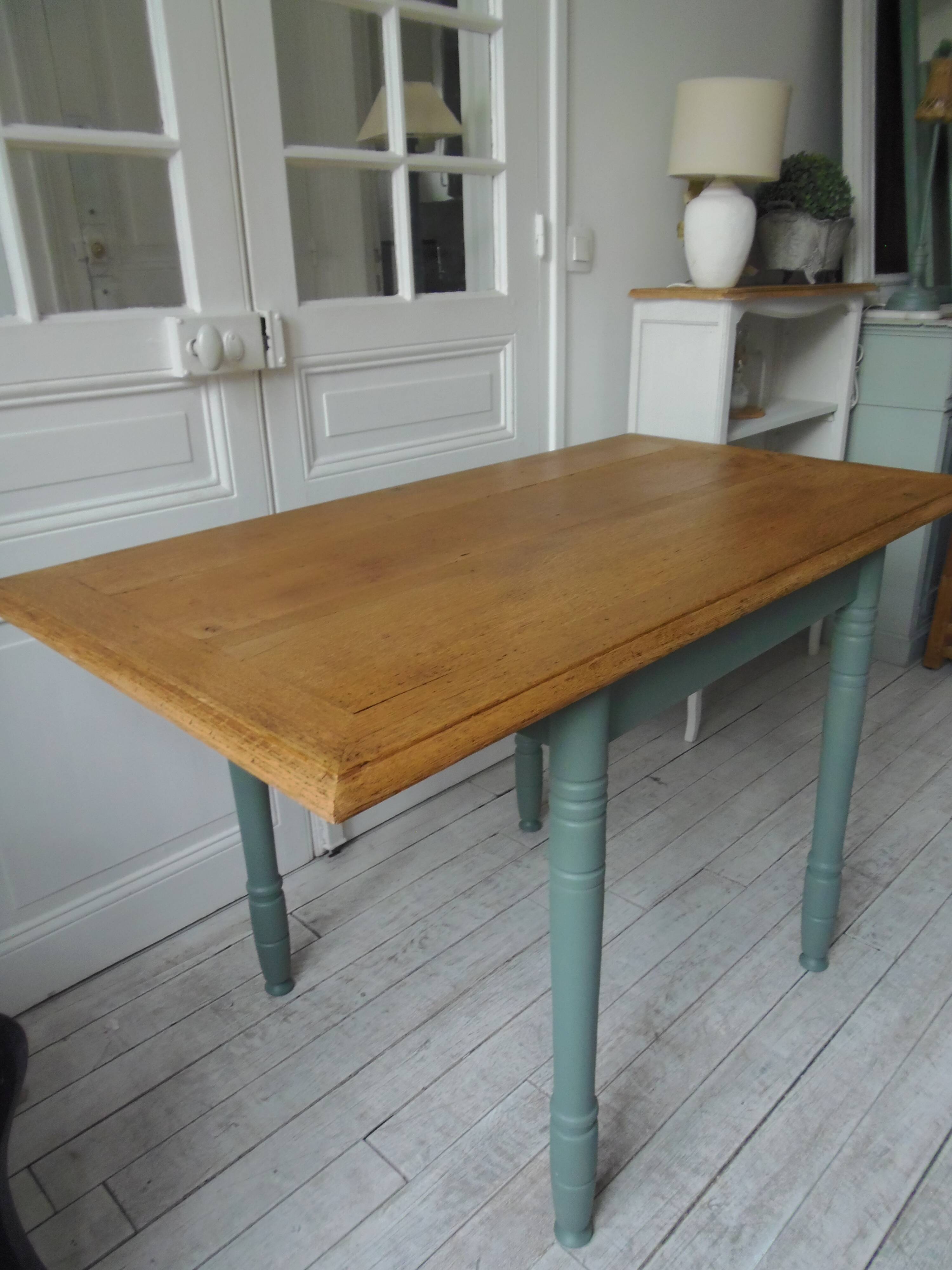 Table, vintage desk with smoked green legs, oak top.