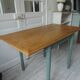 Table, vintage desk with smoked green legs, oak top.