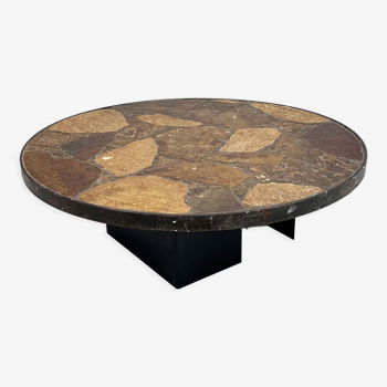 Brutalist Slate Stone Round Coffee Table, 1960s