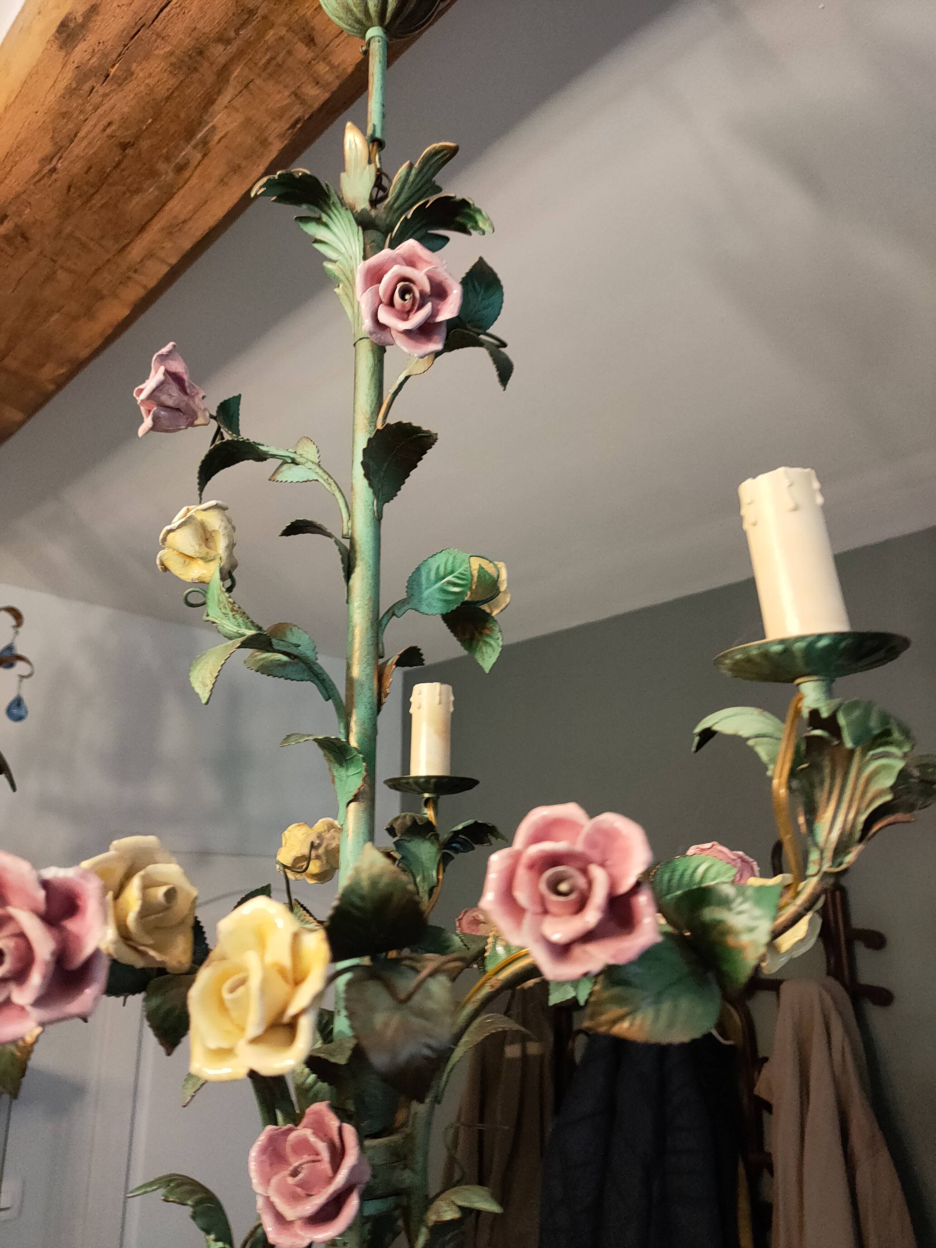 metal chandelier and porcelain flowers