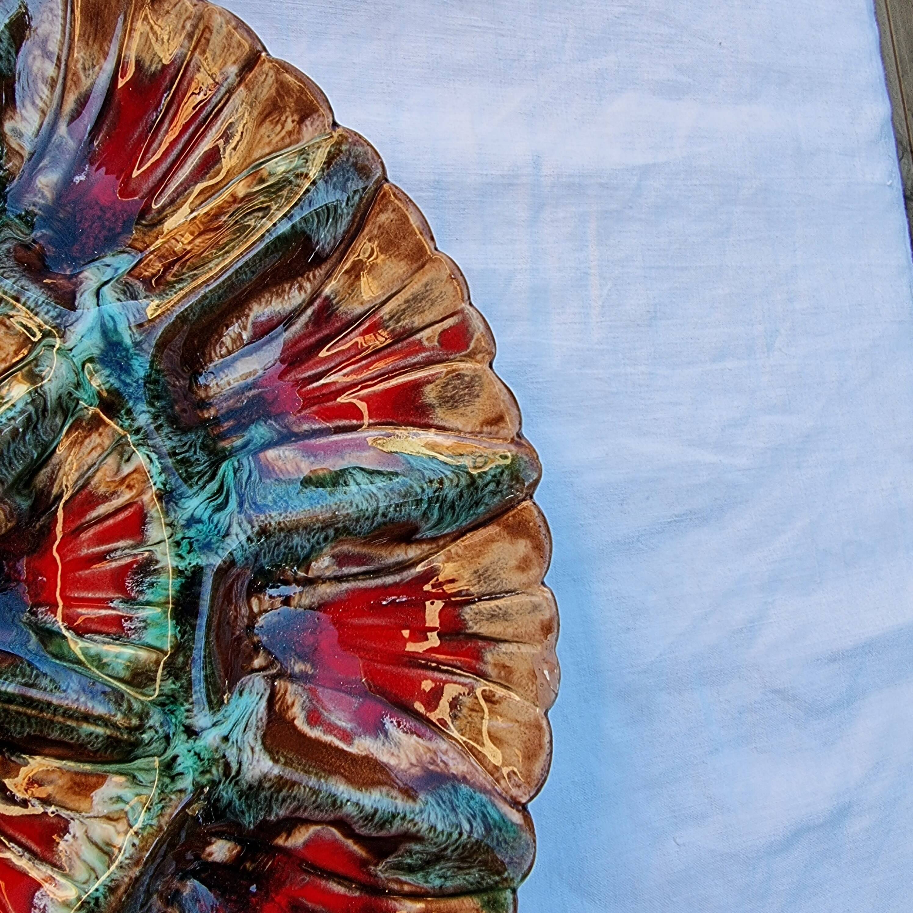 Handmade painted and glazed Barbotina ceramic oyster dish from Vallauris France ann