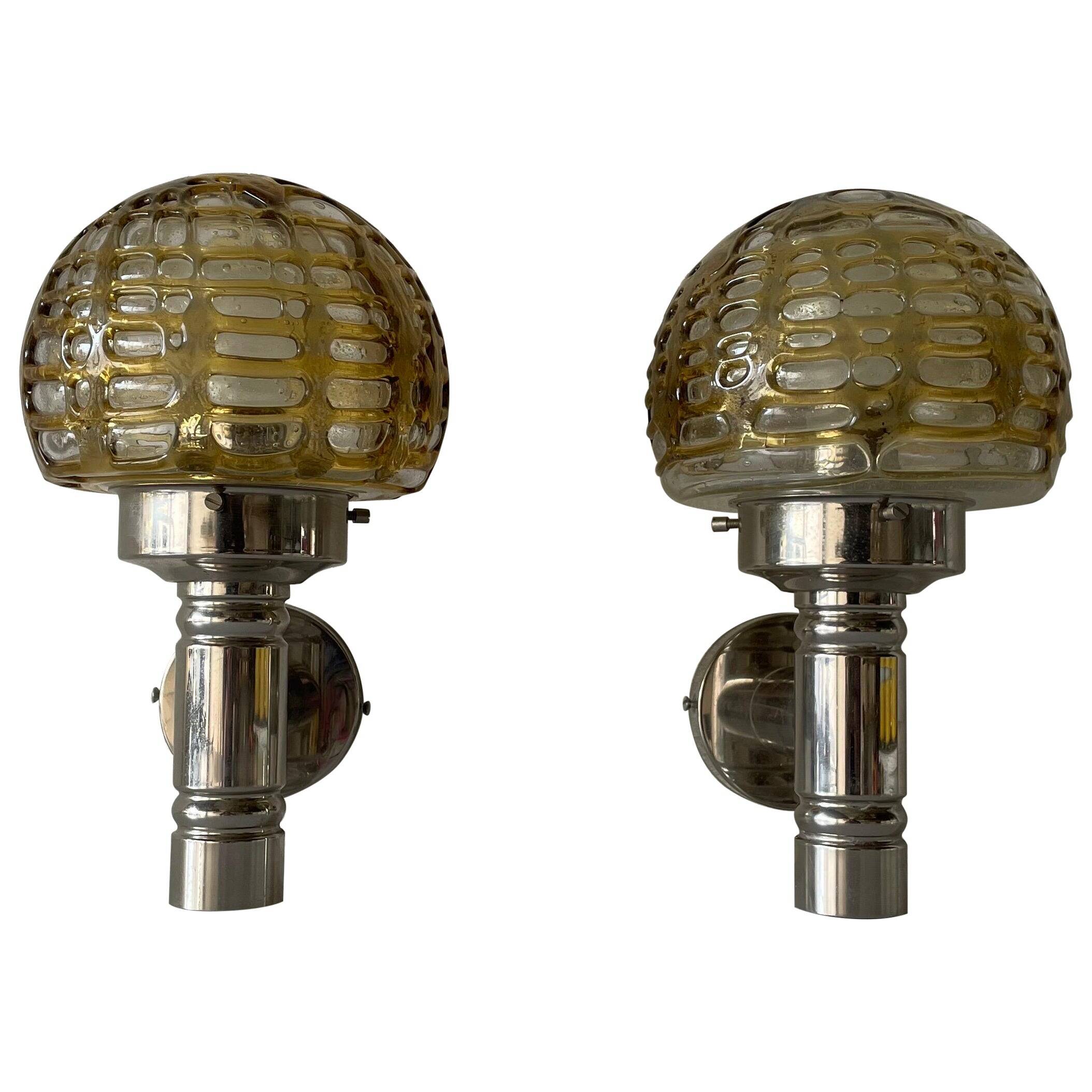 Rare pair of blown glass and chrome wall lights by Doria, 1960s, Germany.
