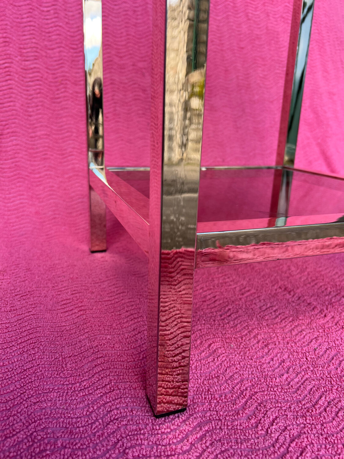 Vintage 1970 coffee table square gold bright square tube 3 platters