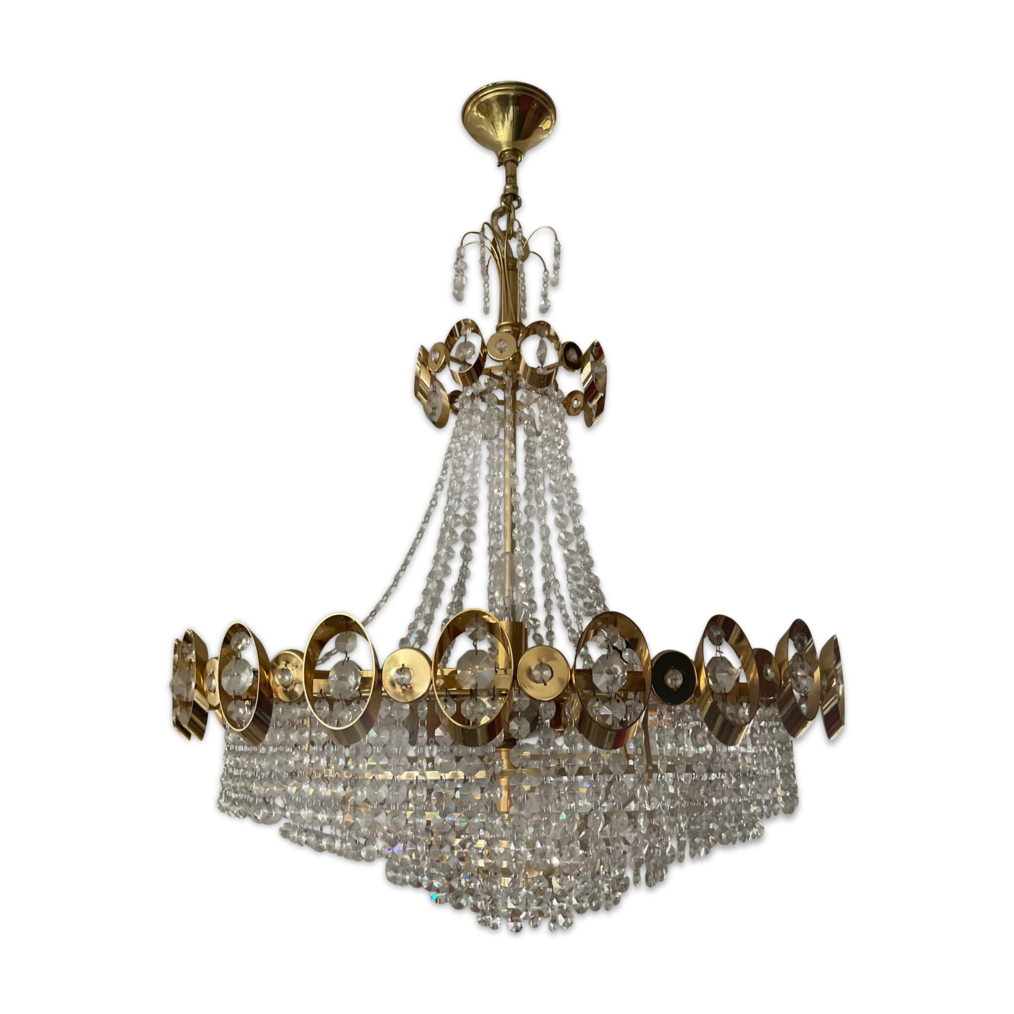 Waterfall chandelier with crystal grapevines and golden aluminum 60s-70s