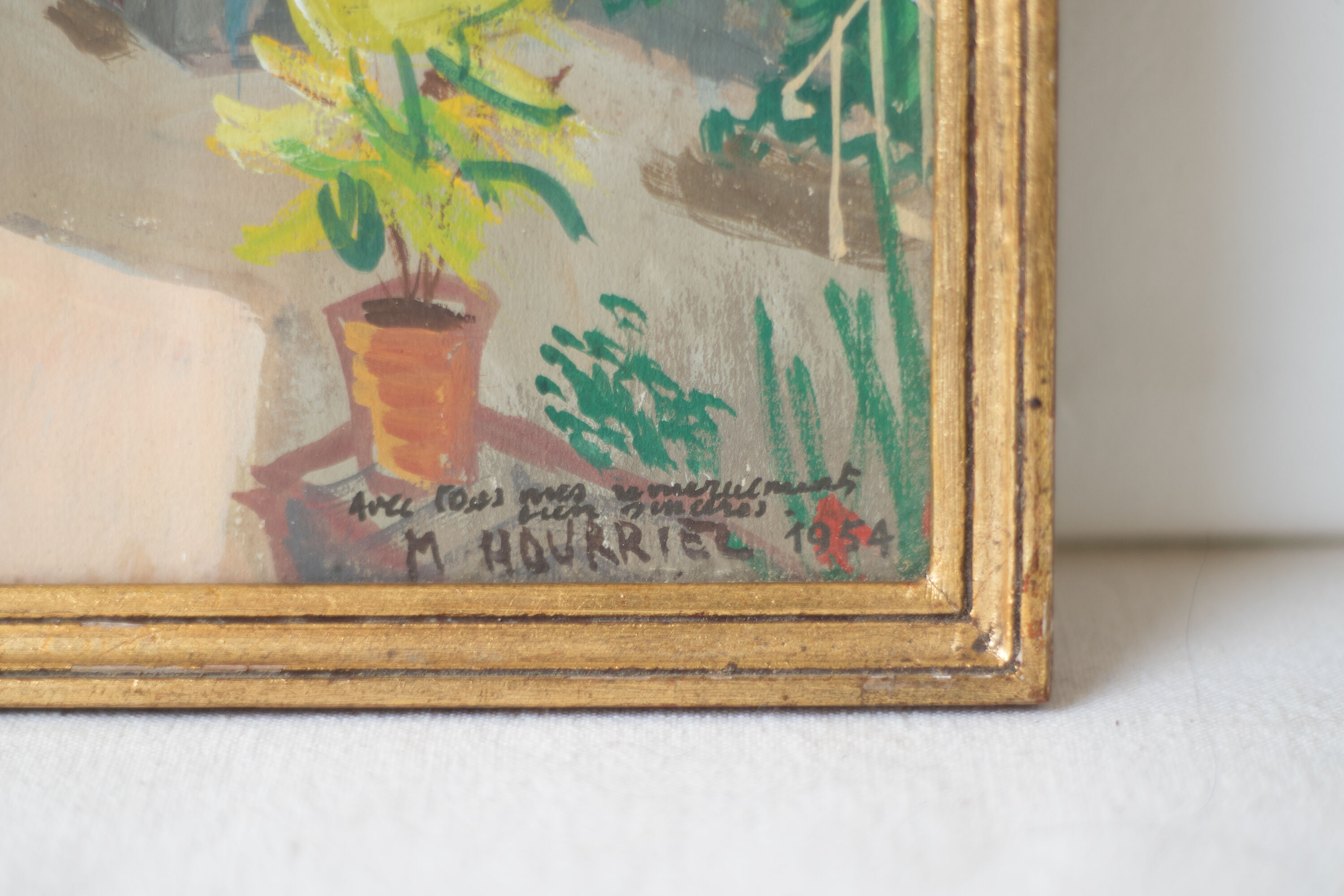 Gouache Marc Hourriel " la maison de maitre au jardin fleuri"