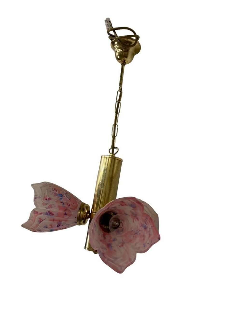 VINTAGE SPUTNIK BRASS CHANDELIER WITH PINK SHADES