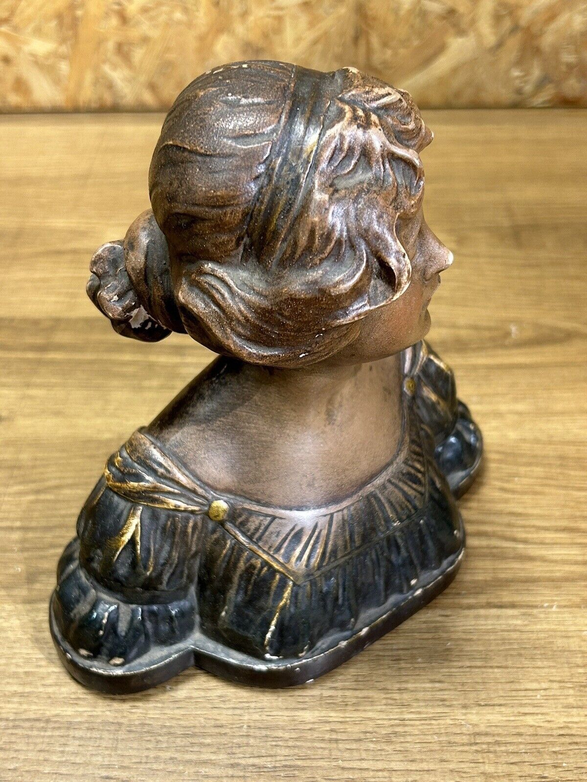 old plaster bust, young art deco woman, patina, signed Gustave Van Vaerenbergh