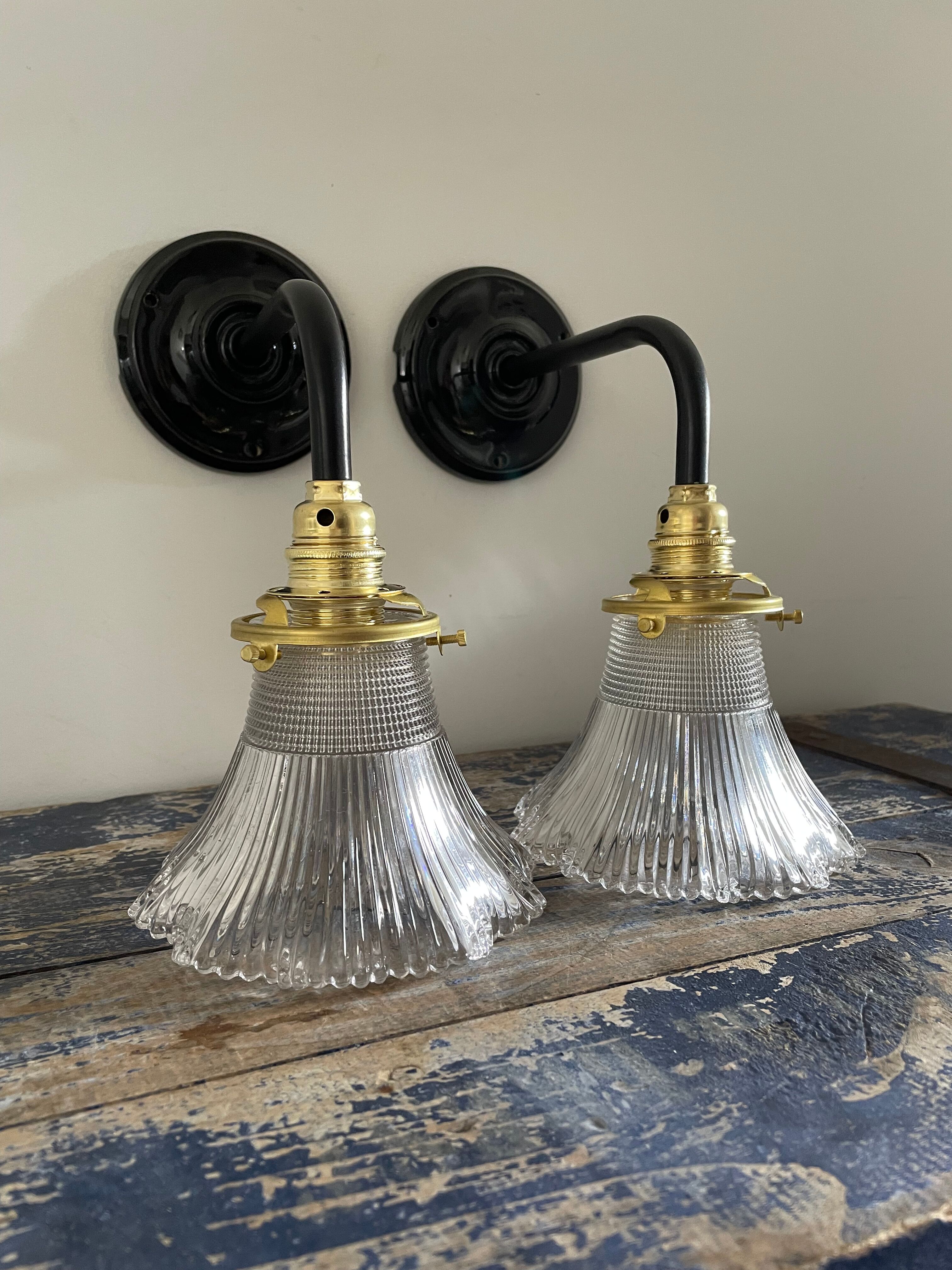 Pair of vintage holophane glass sconces electrified