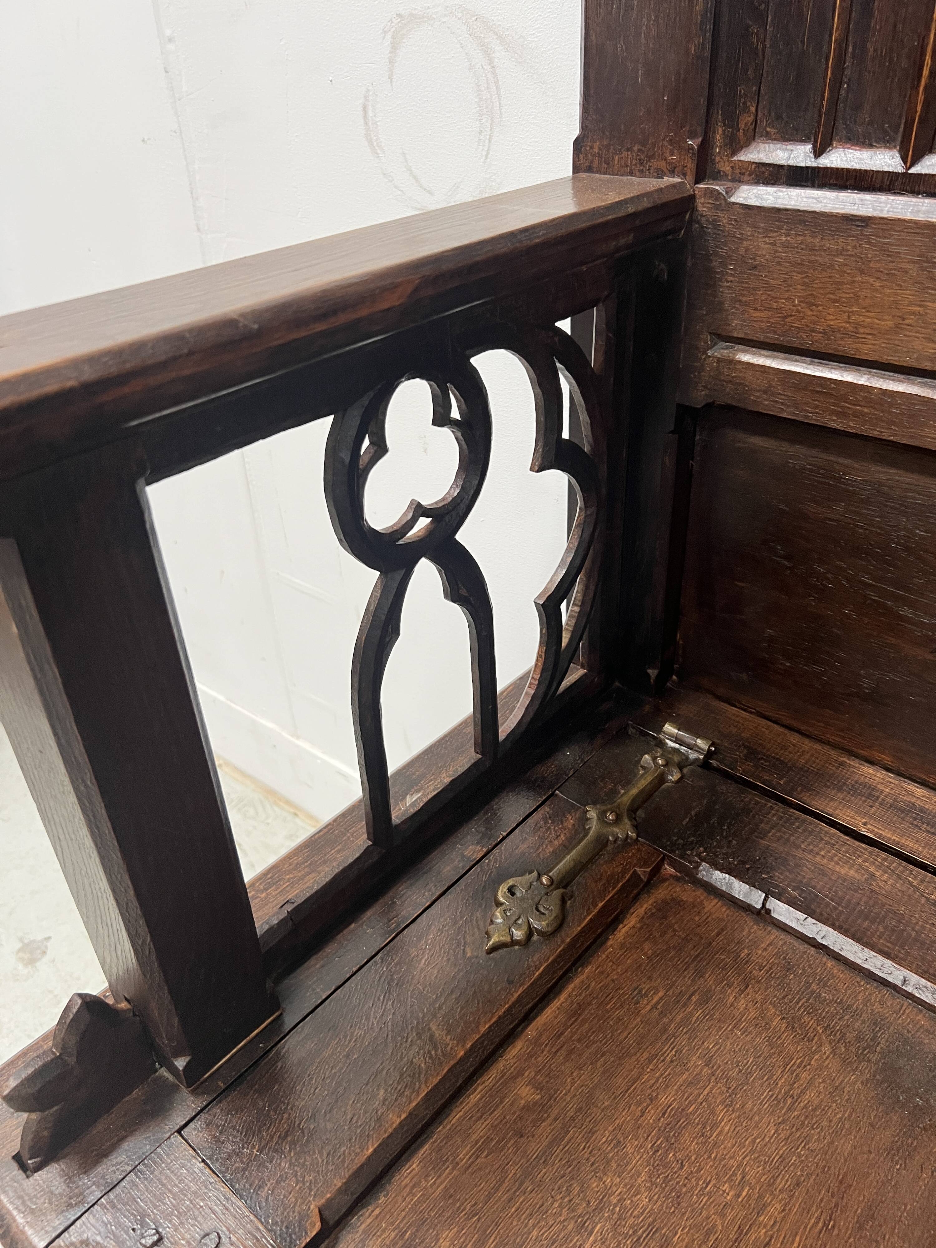 Gothic style carved oak chest bench, 19th century