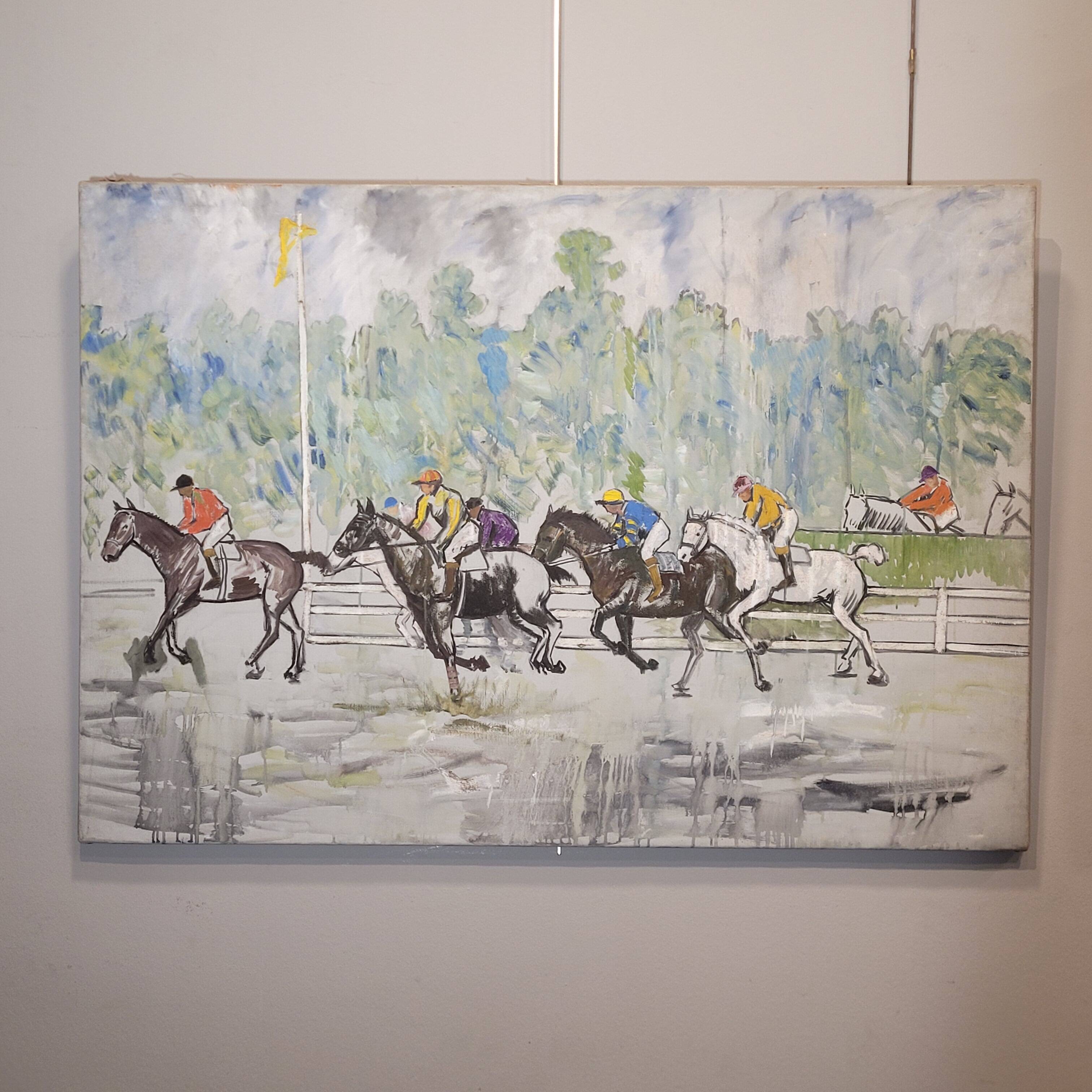 Acrílico sobre lienzo “Carrera de caballos”, León Lafourcade, ff. s. XIX