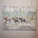 Acrílico sobre lienzo “Carrera de caballos”, León Lafourcade, ff. s. XIX