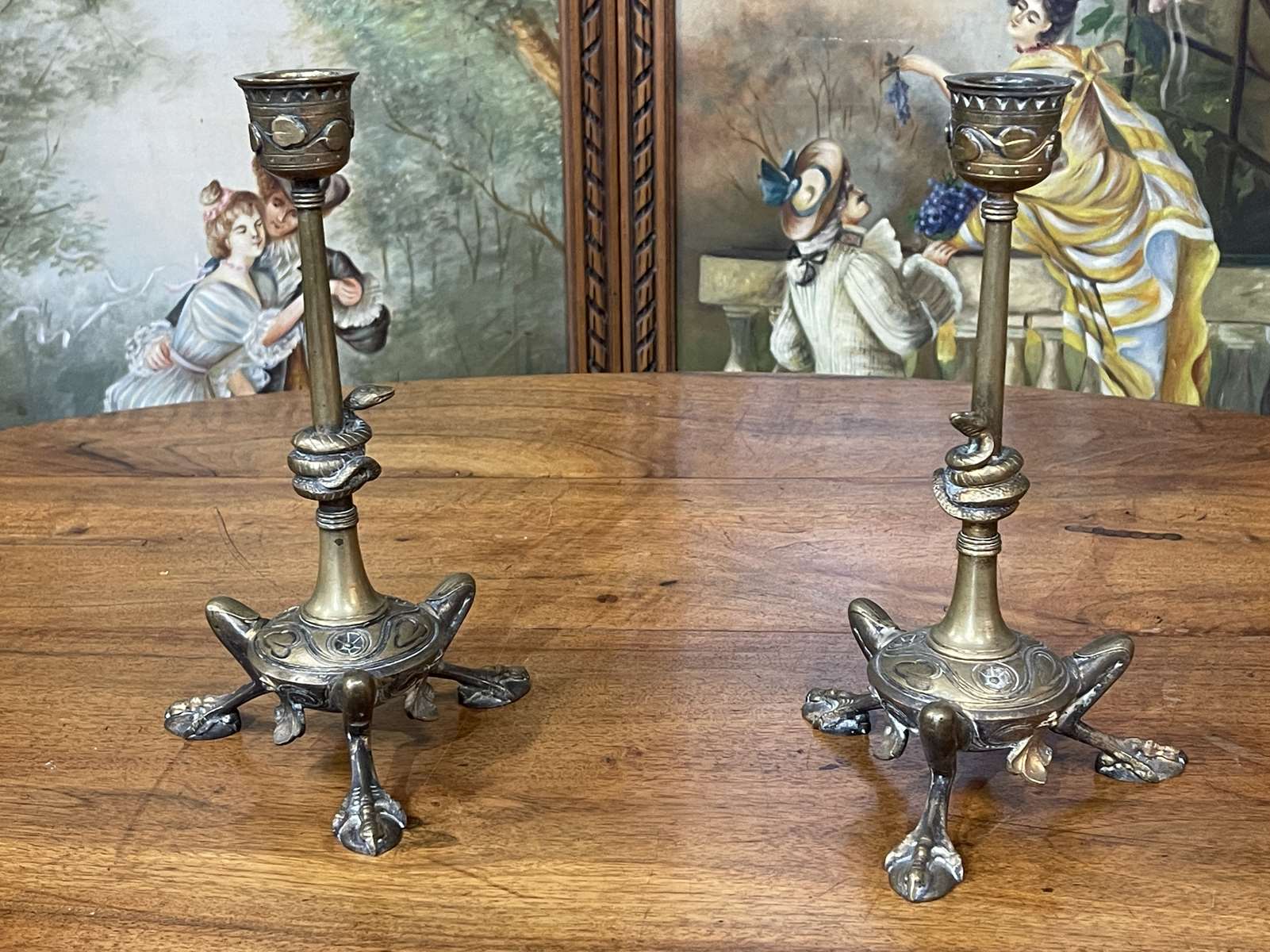 Pair of bronze candle holders XIXth decoration snakes