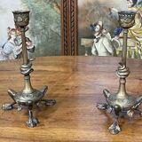 Pair of bronze candle holders XIXth decoration snakes