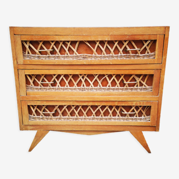 Chest of drawers 3 drawers vintage oak and rattan